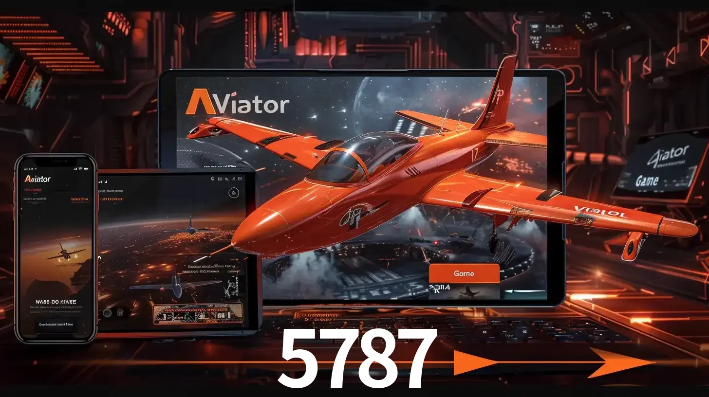 Apresentação tecnológica do jogo Aviator com um avião saindo da tela de um tablet, demonstrando a experiência imersiva em múltiplos dispositivos no 5787.