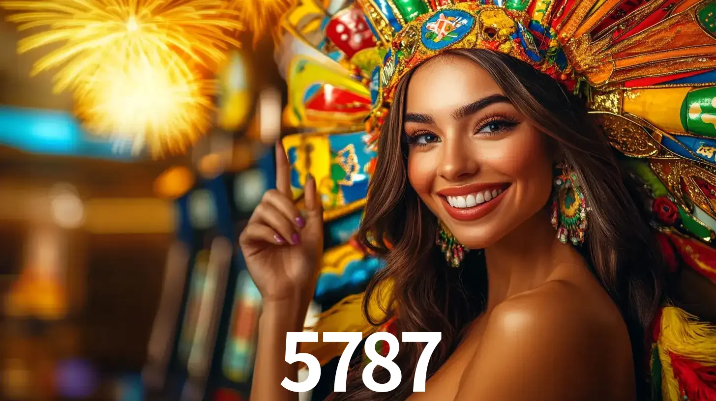 Mulher sorridente com um cocar de carnaval vibrante e colorido, celebrando uma grande vitória nos jogos do cassino 5787 com fogos de artifício ao fundo.