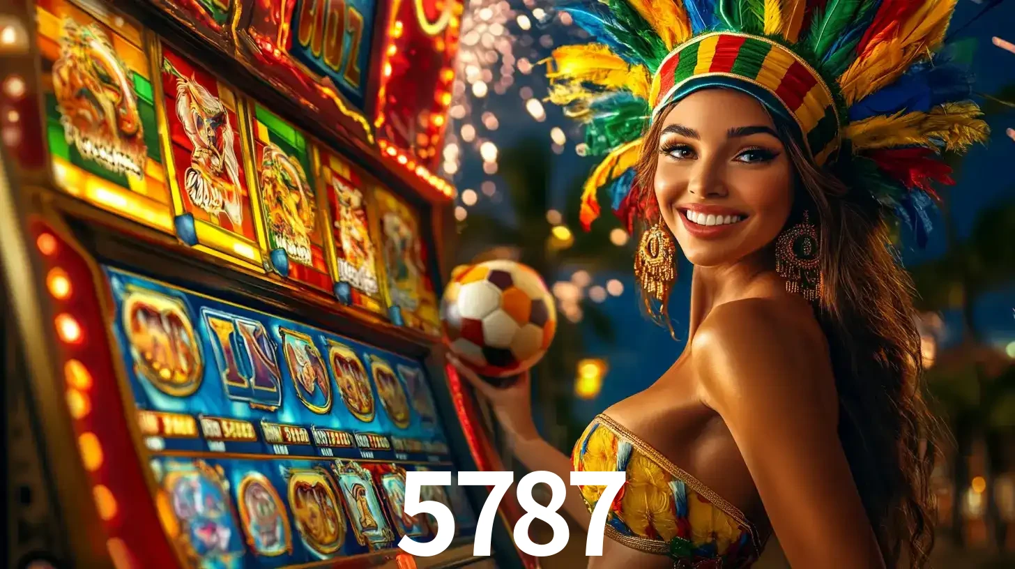 Mulher com um cocar de carnaval ao lado de uma máquina de caça-níqueis enquanto segura uma bola de futebol, mostrando a união da diversão de cassino e esportes no 5787.