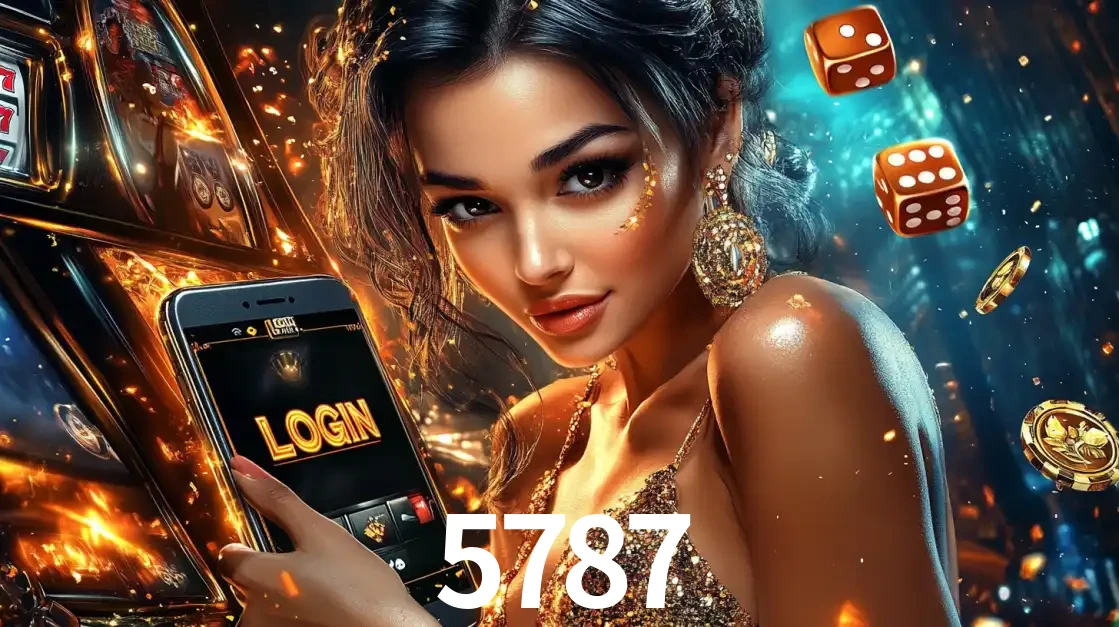 Mulher glamourosa segurando um celular com a tela de login do cassino 5787, rodeada por dados e moedas douradas, pronta para começar a diversão.