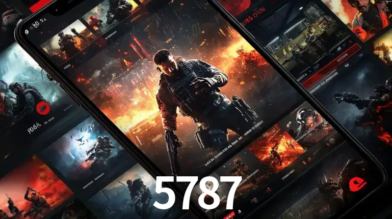Tela de um celular exibindo uma galeria de jogos de tiro com temática militar, mostrando a variedade de e-sports disponíveis para apostas na plataforma de entretenimento 5787.