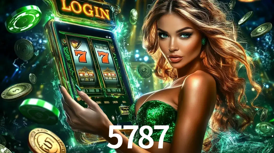 Mulher com tema verde apresentando o aplicativo do cassino 5787 com um jogo de slot de 777, cercada por fichas de cassino e uma aura de sorte.
