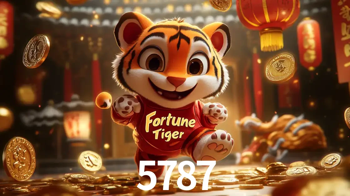O alegre personagem do Fortune Tiger correndo sobre um caminho de moedas de ouro, simbolizando os grandes prêmios e a diversão do popular jogo de slot do 5787.