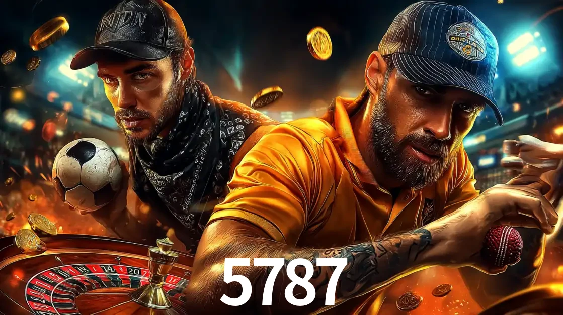 Montagem de apostas esportivas e cassino no 5787, com um homem segurando uma bola de futebol e outro uma de beisebol sobre uma roleta e moedas voadoras.