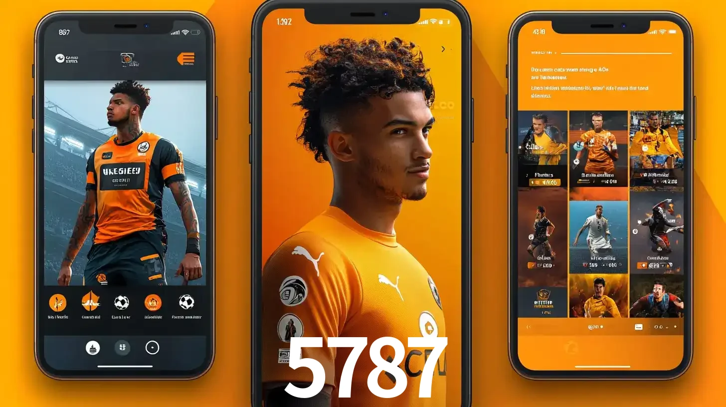 Interface do aplicativo de apostas esportivas 5787 em três telas de celular, mostrando o perfil de um jogador de futebol e a lista de jogos disponíveis para apostar.