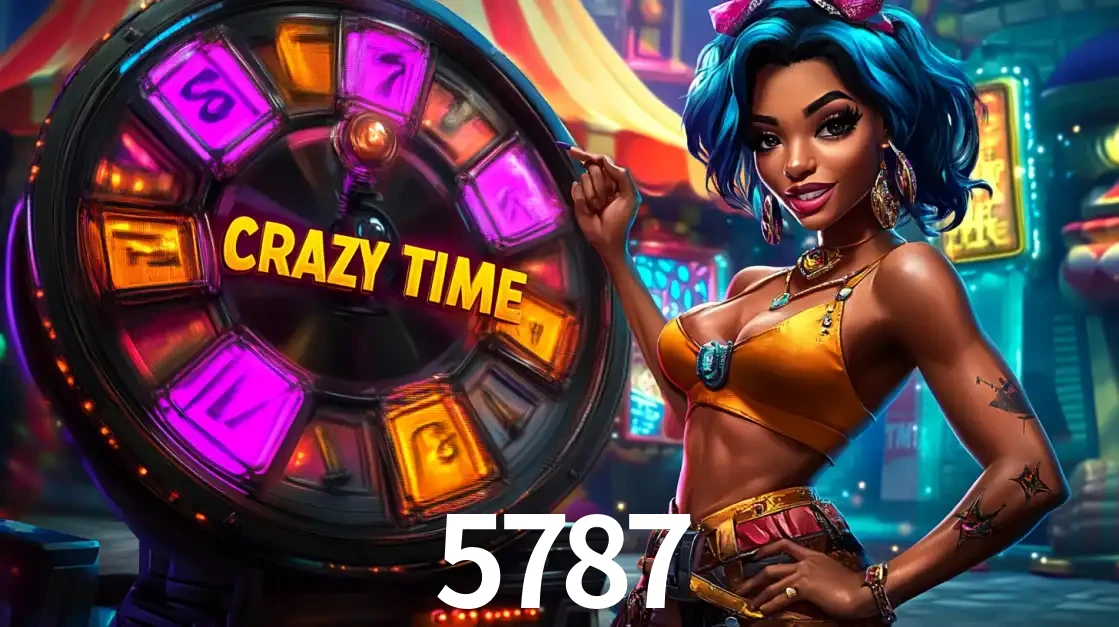 Mulher estilizada com cabelo azul e visual vibrante posando ao lado da roda de prêmios do game show Crazy Time, convidando para a diversão e os bônus do cassino 5787.