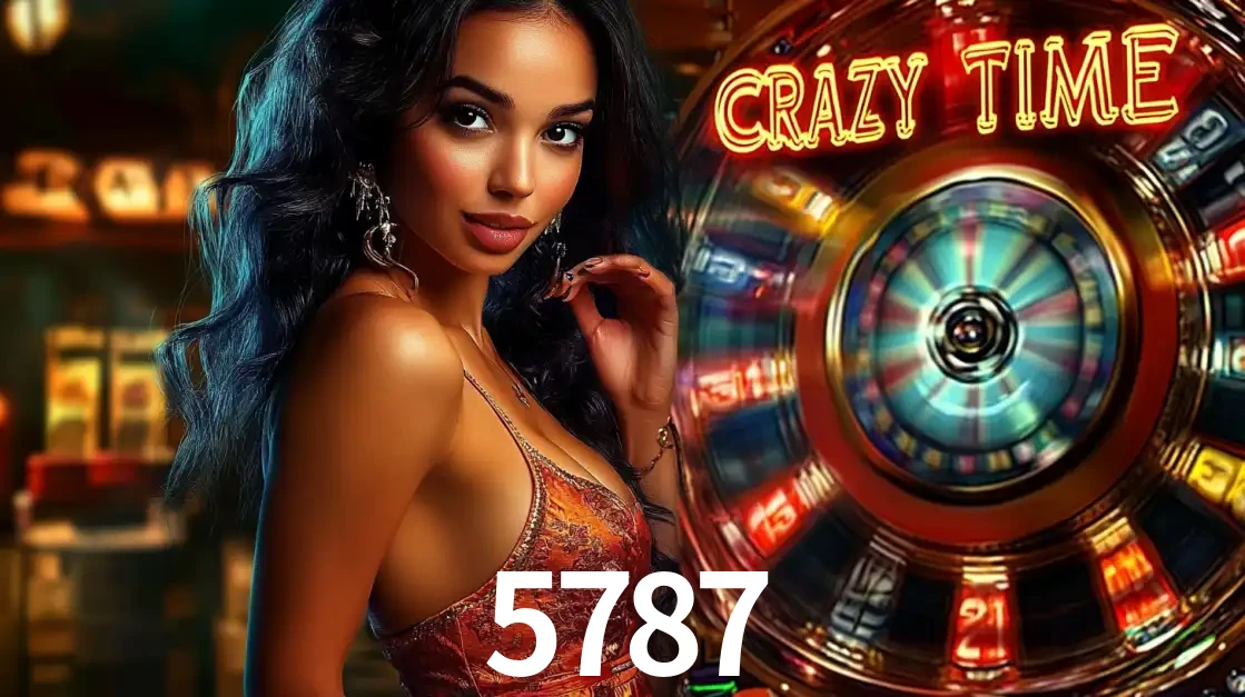 Mulher elegante ao lado da vibrante roda da fortuna do jogo de cassino ao vivo Crazy Time, um dos game shows mais populares e cheios de prêmios do 5787.