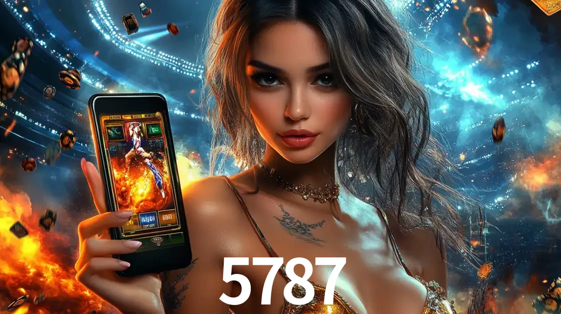 Mulher segurando um celular com um jogo de slot em destaque, tendo como fundo um estádio vibrante, simbolizando a emoção de jogar no cassino móvel 5787.