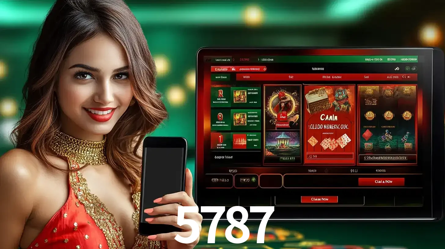 Mulher sorridente segurando um smartphone, ao lado de uma tela exibindo o lobby de jogos do cassino online 5787, com várias opções de jogos de cartas e slots.